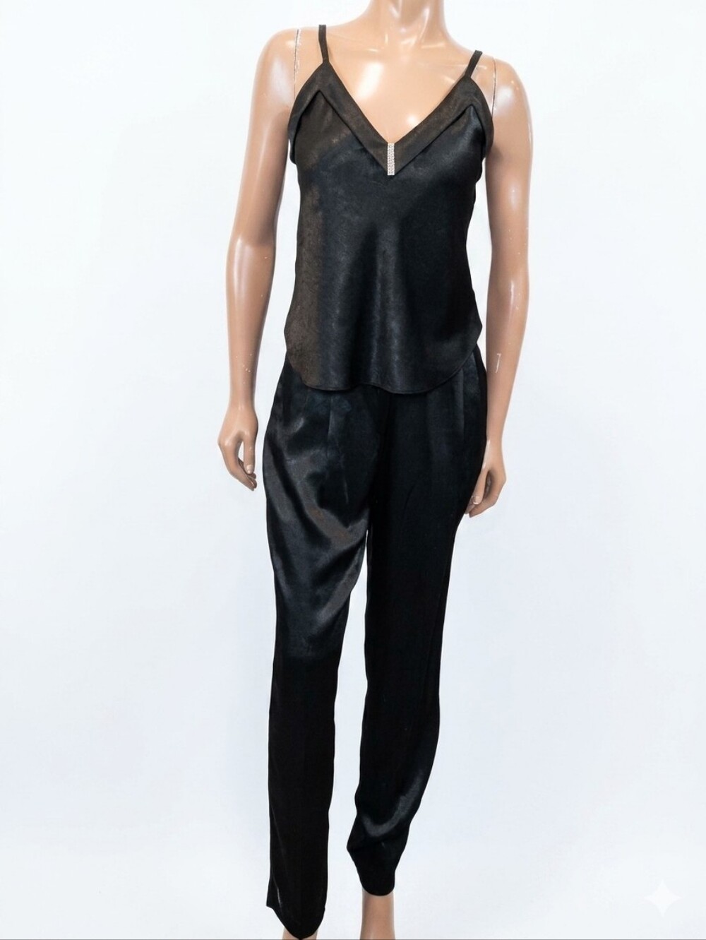 Vintage JS Collections 2Pc Pantsuit Formal Satin Rhinestone Tank Top High Waist